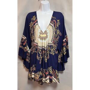 Free People Metallic Chevron Tunic Mini Dress SZ Small Tassel Boho Kimono Sleeve